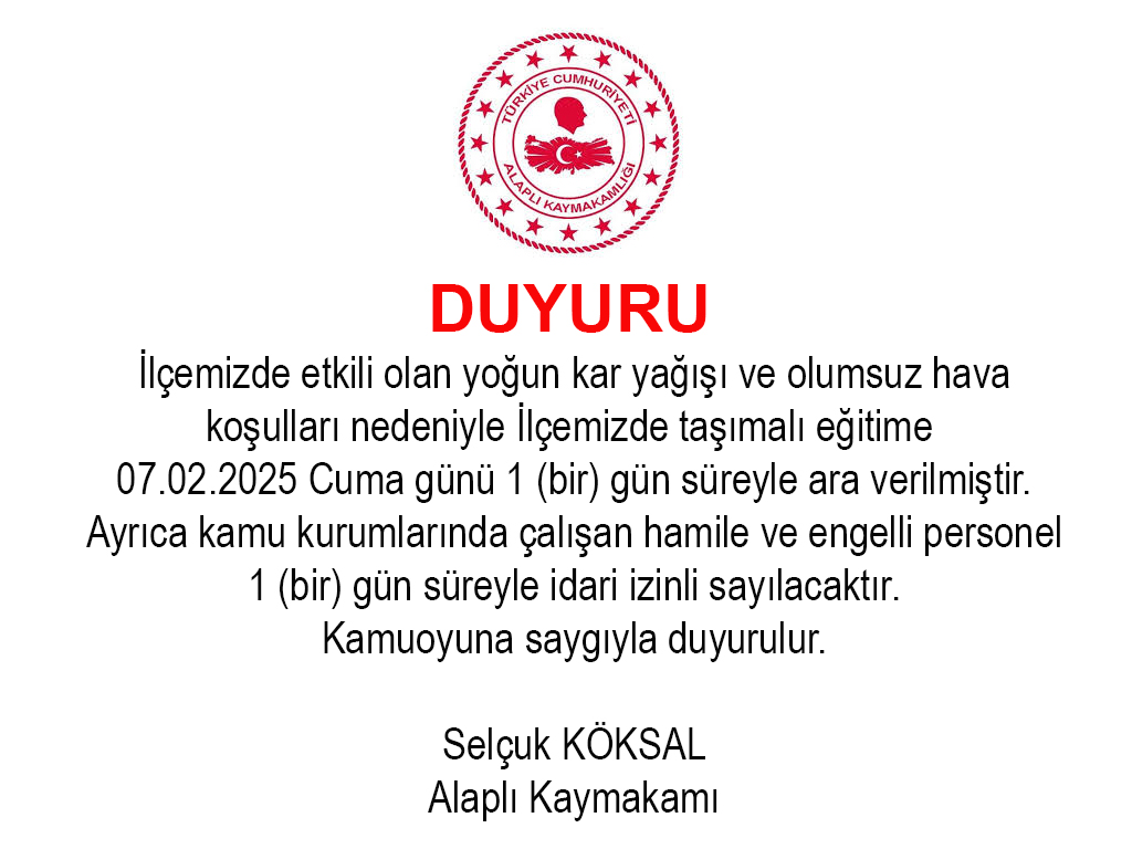 Alaplı Kaymakamlığı'ndan Duyuru